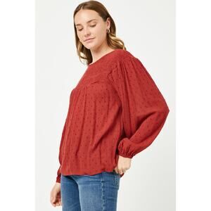HAYDEN Bailey Misses Burgundy Swiss Dot Smocked Babydoll Long Sleeve Top Medium